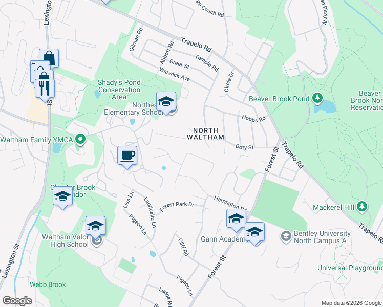 map of restaurants, bars, coffee shops, grocery stores, and more near 60 Raffaele Dr in Waltham