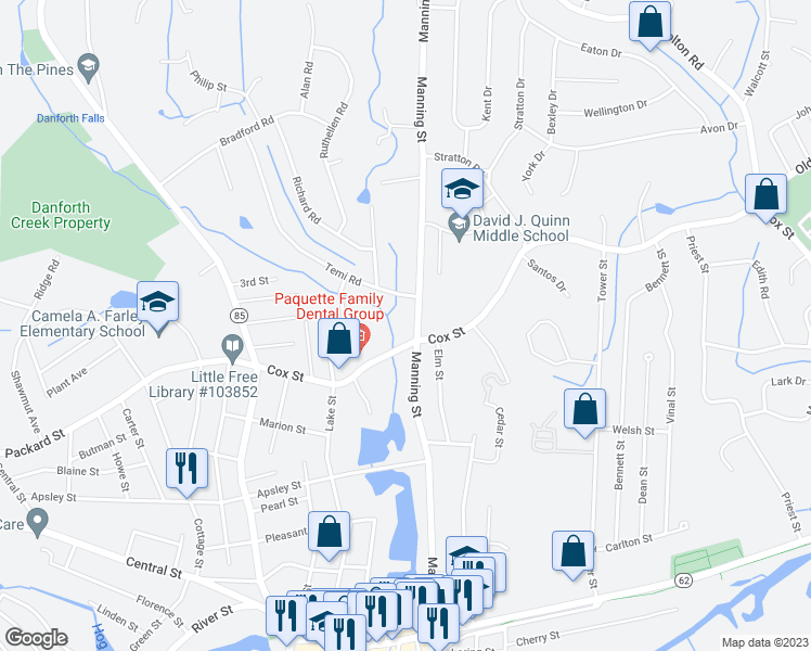 map of restaurants, bars, coffee shops, grocery stores, and more near 3 Manning Street in Hudson