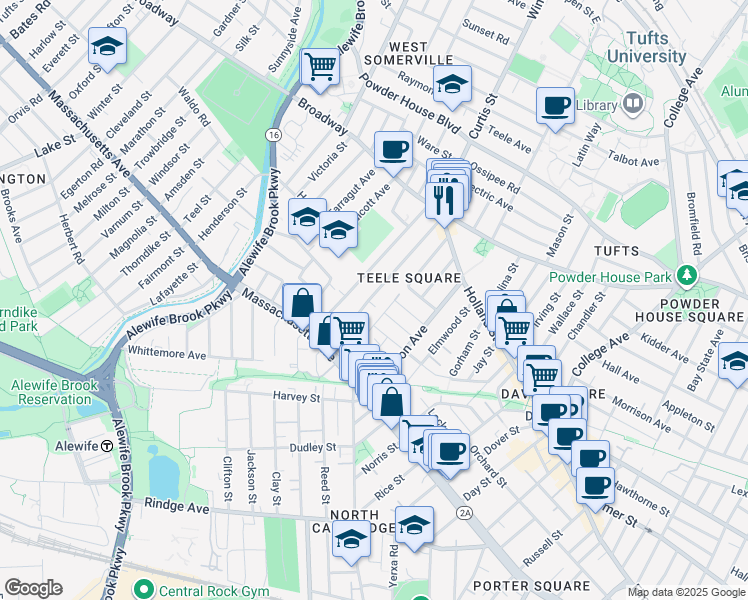 map of restaurants, bars, coffee shops, grocery stores, and more near 82 Newbury Street in Somerville