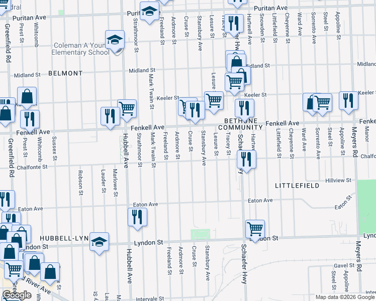 map of restaurants, bars, coffee shops, grocery stores, and more near 15041 Cruse Street in Detroit