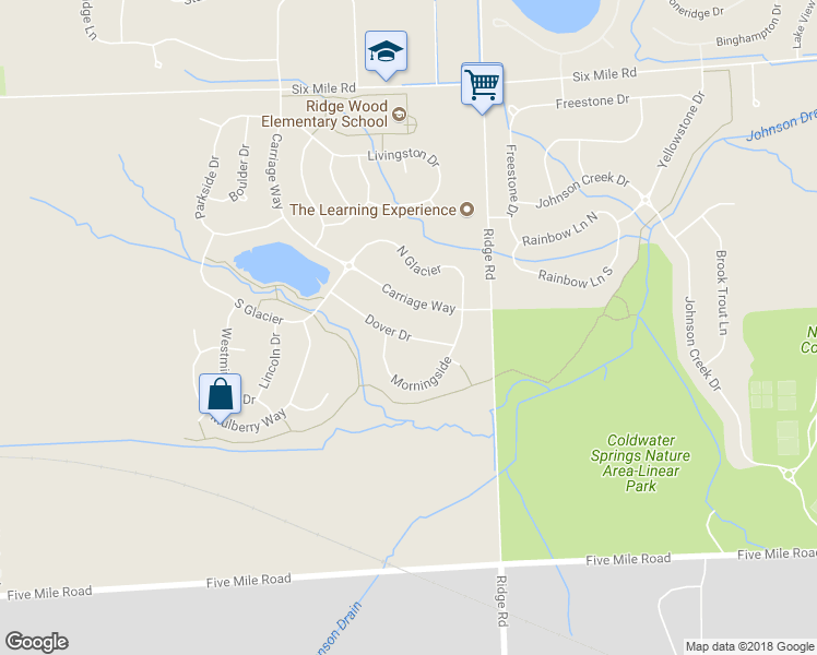 map of restaurants, bars, coffee shops, grocery stores, and more near 16694 Dover Drive in Northville
