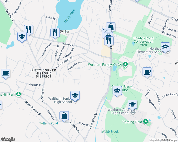 map of restaurants, bars, coffee shops, grocery stores, and more near 50 Mount Walley Road in Waltham