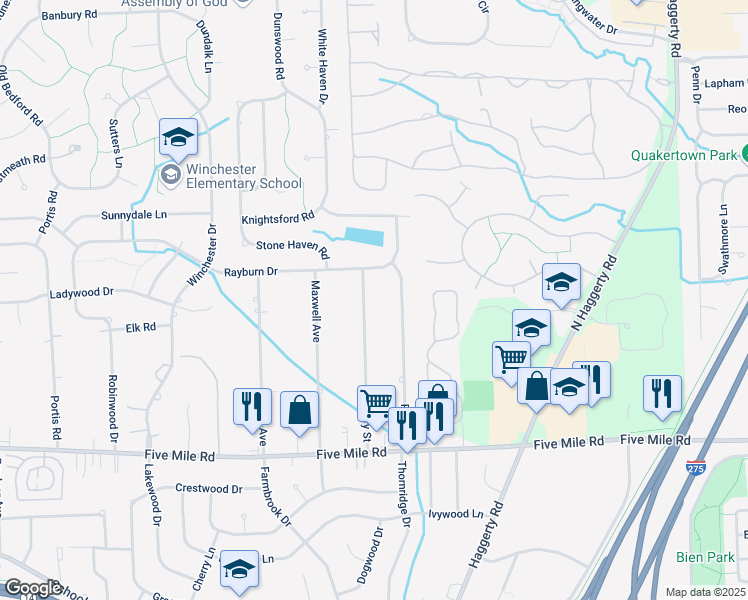 map of restaurants, bars, coffee shops, grocery stores, and more near 15852 Fry Street in Plymouth