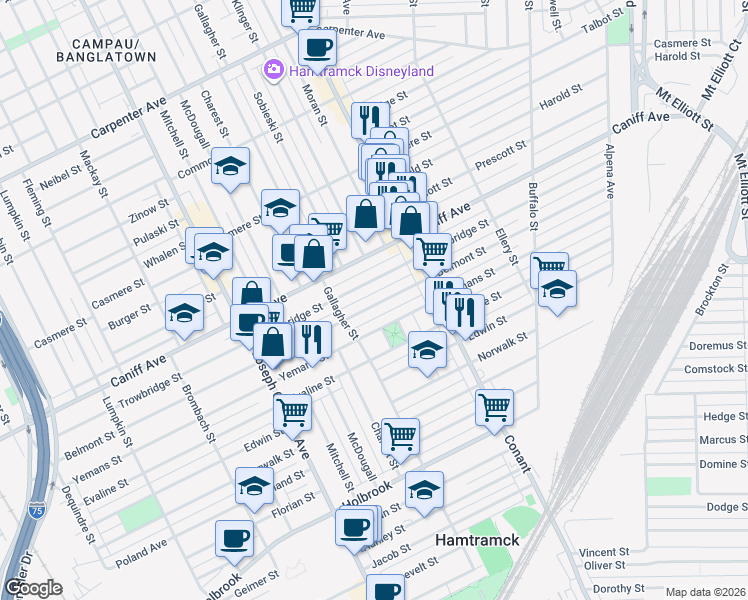 map of restaurants, bars, coffee shops, grocery stores, and more near 3219 Belmont Street in Hamtramck
