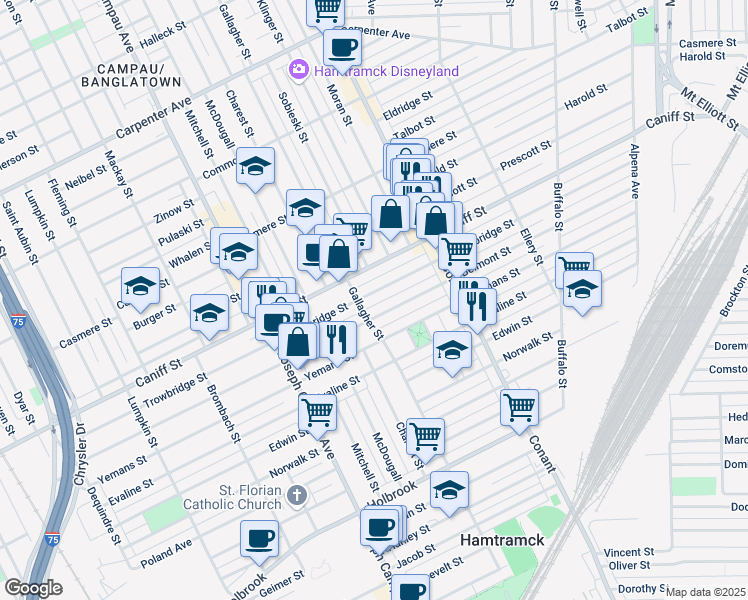 map of restaurants, bars, coffee shops, grocery stores, and more near 3150 Trowbridge Street in Hamtramck