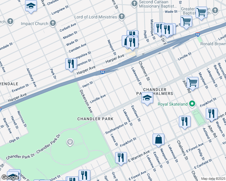 map of restaurants, bars, coffee shops, grocery stores, and more near 5903 Lakeview Street in Detroit