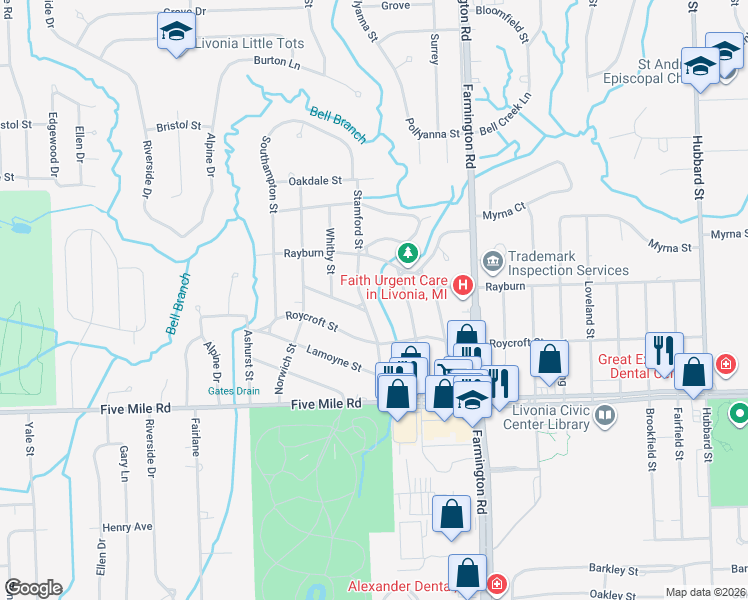map of restaurants, bars, coffee shops, grocery stores, and more near 15693 Edington Street in Livonia