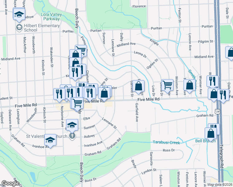 map of restaurants, bars, coffee shops, grocery stores, and more near 15344 Aubrey in Redford Charter Township