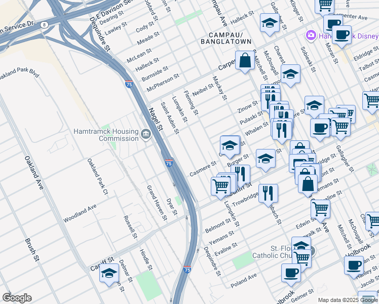 map of restaurants, bars, coffee shops, grocery stores, and more near 11592 Saint Aubin Street in Hamtramck