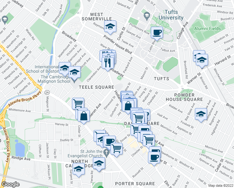 map of restaurants, bars, coffee shops, grocery stores, and more near Holland Street & Elmwood Street in Somerville