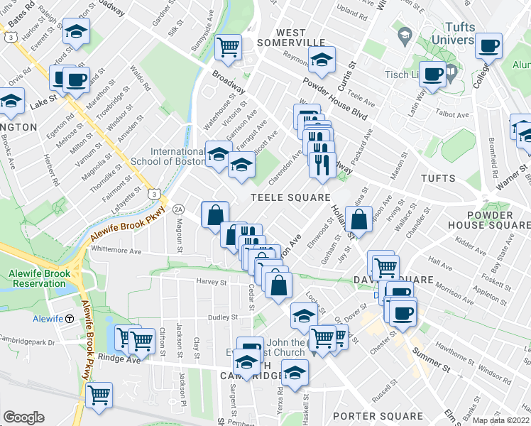 map of restaurants, bars, coffee shops, grocery stores, and more near 82 Newbury Street in Somerville