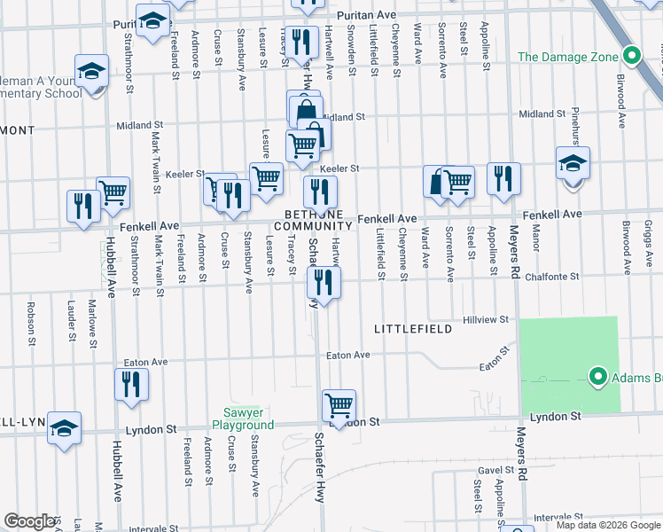 map of restaurants, bars, coffee shops, grocery stores, and more near 15044 Hartwell Avenue in Detroit
