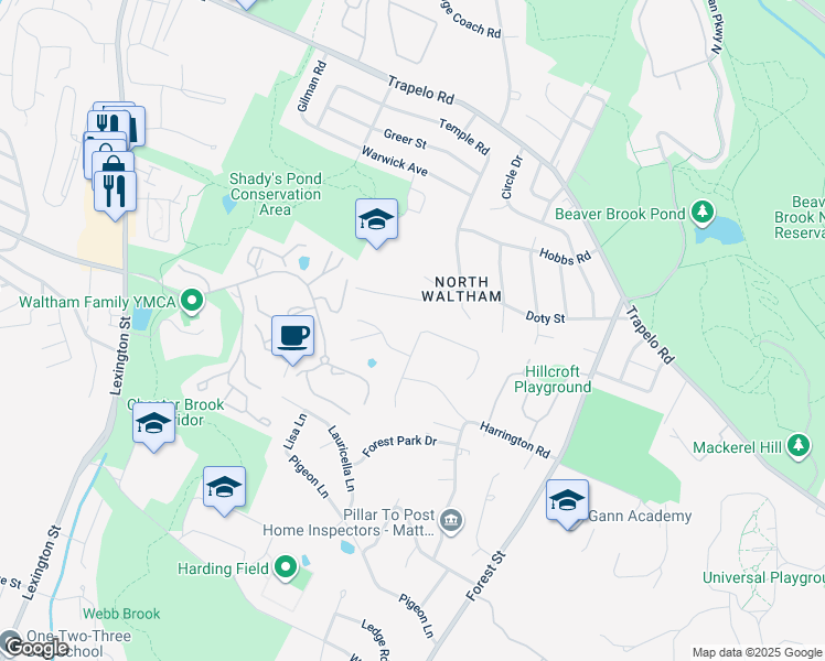 map of restaurants, bars, coffee shops, grocery stores, and more near 36 Raffaele Drive in Waltham