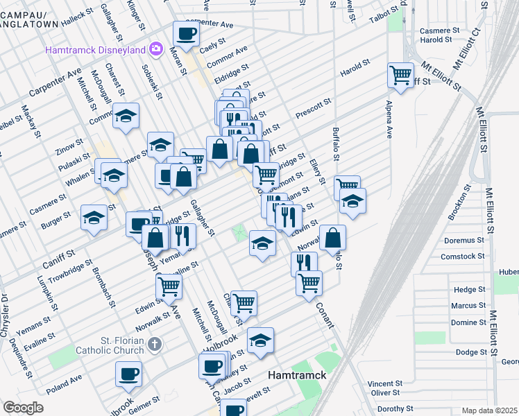 map of restaurants, bars, coffee shops, grocery stores, and more near 3469 Yemans Street in Hamtramck