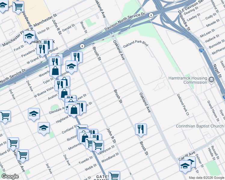 map of restaurants, bars, coffee shops, grocery stores, and more near 165 Colorado Street in Highland Park