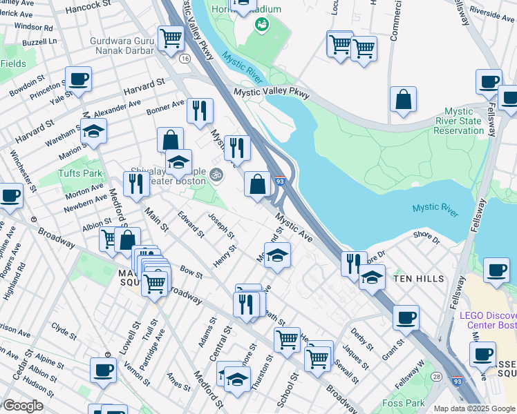map of restaurants, bars, coffee shops, grocery stores, and more near 423 Mystic Avenue in Medford