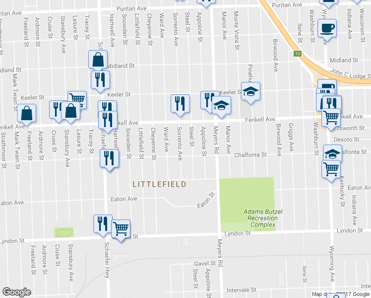 map of restaurants, bars, coffee shops, grocery stores, and more near 15024 Sorrento St in Detroit