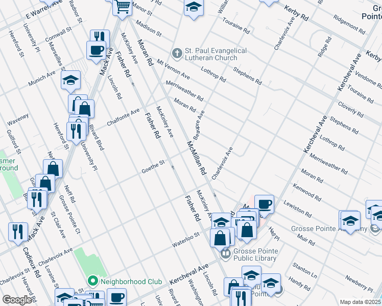 map of restaurants, bars, coffee shops, grocery stores, and more near 287 McMillan Road in Grosse Pointe Farms