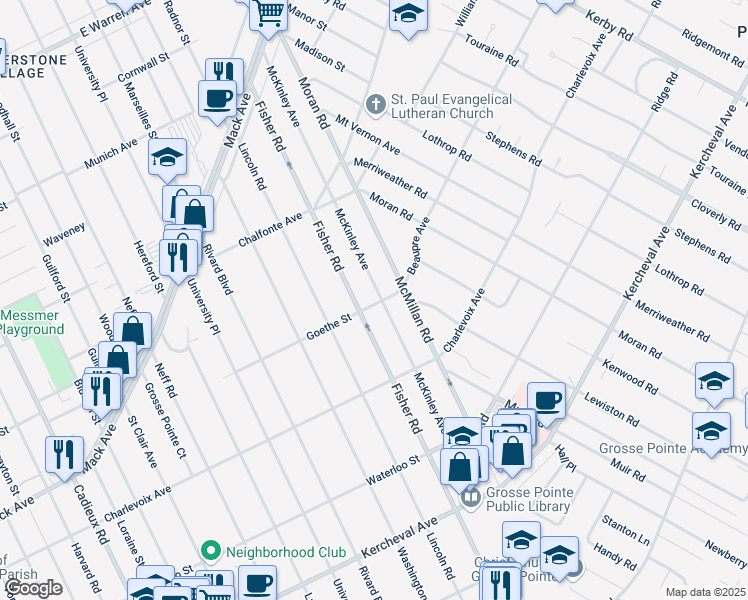map of restaurants, bars, coffee shops, grocery stores, and more near 301 Mc Kinley Avenue in Grosse Pointe Farms