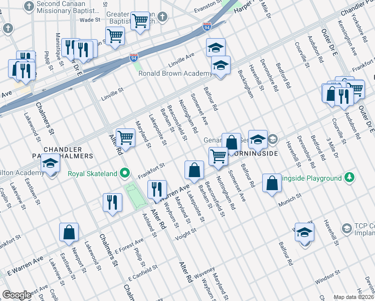 map of restaurants, bars, coffee shops, grocery stores, and more near 5211 Beaconsfield Street in Detroit
