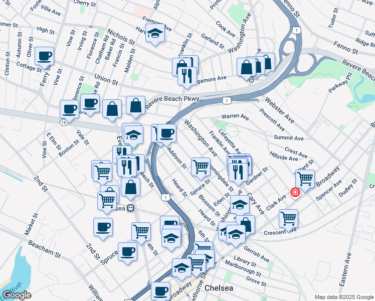 map of restaurants, bars, coffee shops, grocery stores, and more near 123 Orange Street in Chelsea