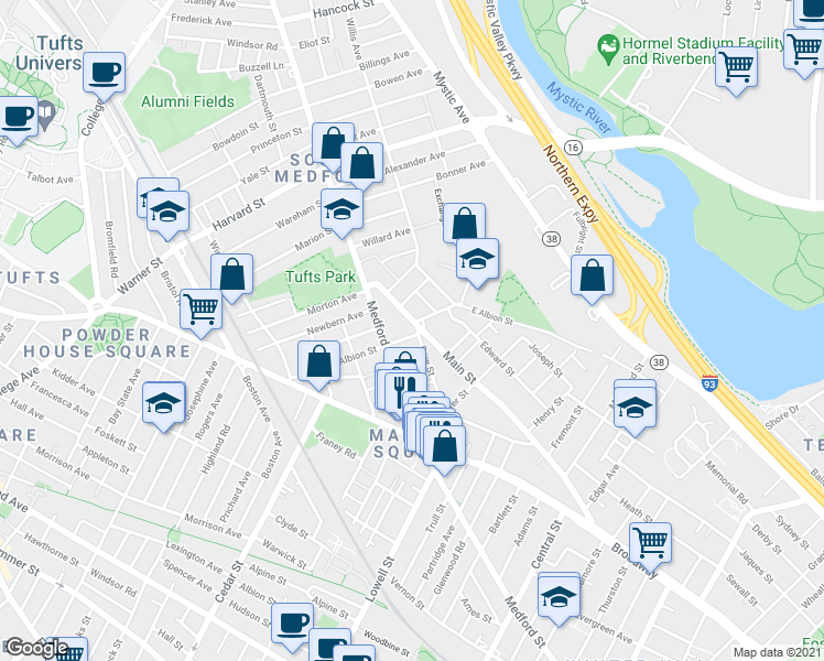 map of restaurants, bars, coffee shops, grocery stores, and more near 509 Main Street in Medford