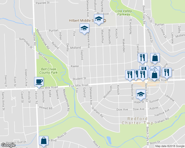 map of restaurants, bars, coffee shops, grocery stores, and more near 15420 Delaware Avenue in Redford Charter Township