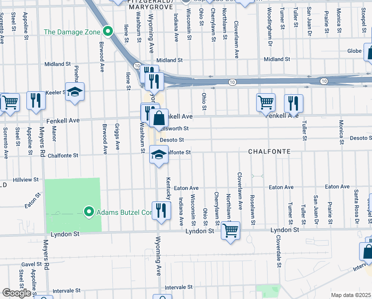 map of restaurants, bars, coffee shops, grocery stores, and more near 8724 Chalfonte Street in Detroit