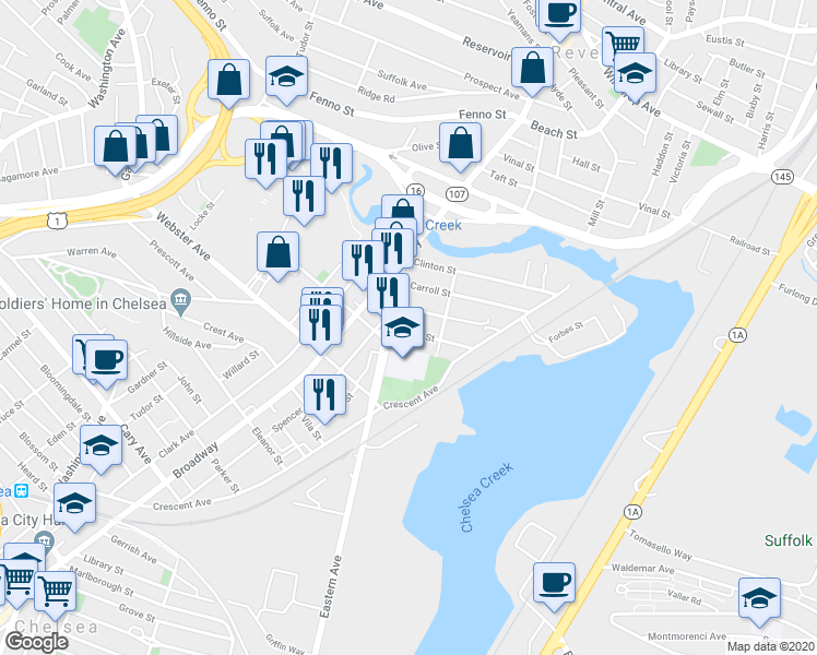 map of restaurants, bars, coffee shops, grocery stores, and more near 10 Louis Street in Chelsea