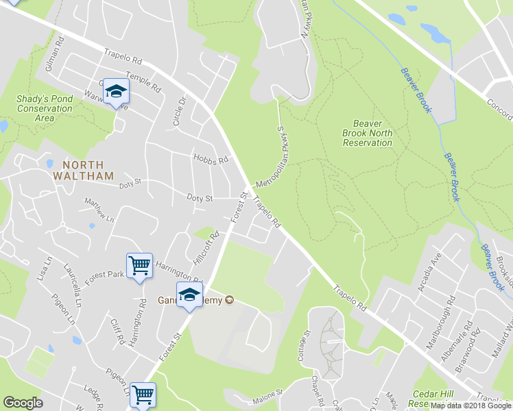 map of restaurants, bars, coffee shops, grocery stores, and more near 482 Trapelo Road in Waltham