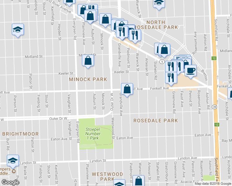 map of restaurants, bars, coffee shops, grocery stores, and more near 10073 Outer Drive West in Detroit