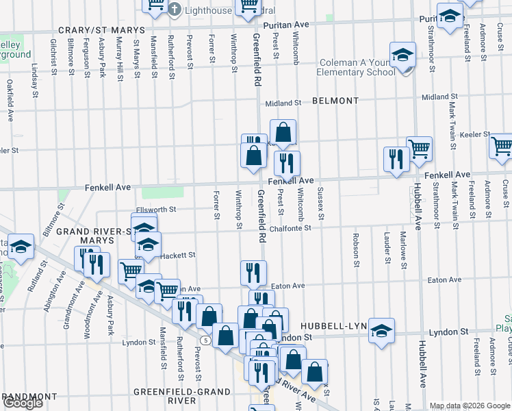 map of restaurants, bars, coffee shops, grocery stores, and more near 15097 Greenfield Road in Detroit