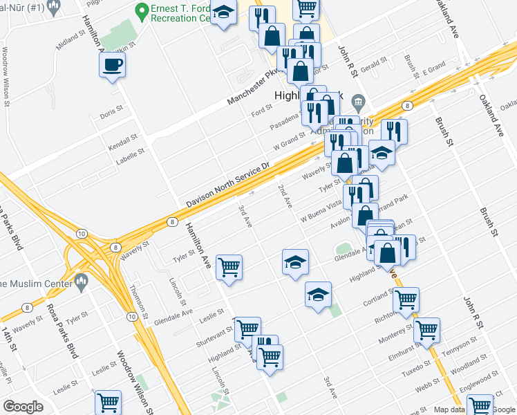 map of restaurants, bars, coffee shops, grocery stores, and more near 147 Waverly Street in Highland Park