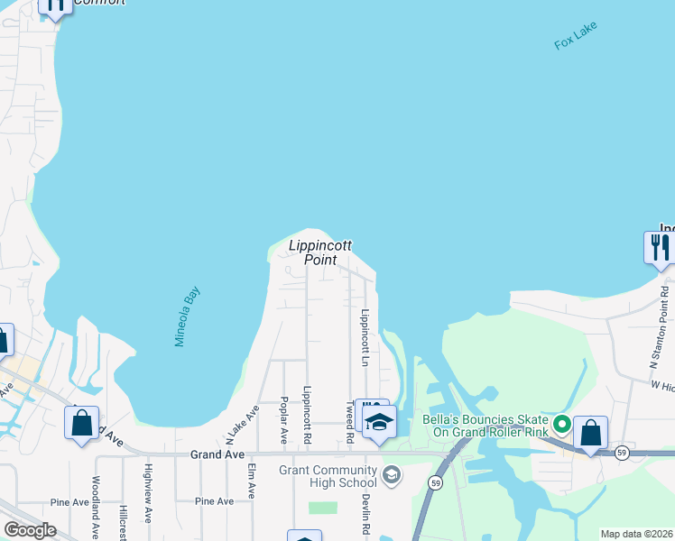 map of restaurants, bars, coffee shops, grocery stores, and more near 259 Lippincott Lane in Fox Lake