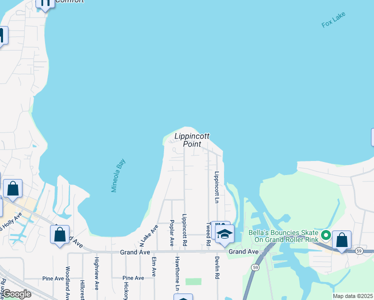 map of restaurants, bars, coffee shops, grocery stores, and more near 99 Lippincott Road in Fox Lake