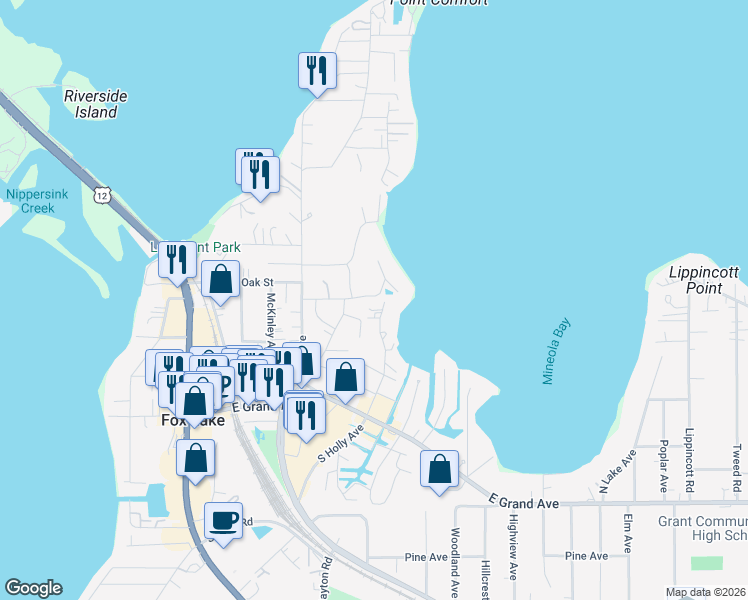 map of restaurants, bars, coffee shops, grocery stores, and more near 42 North Holly Avenue in Fox Lake
