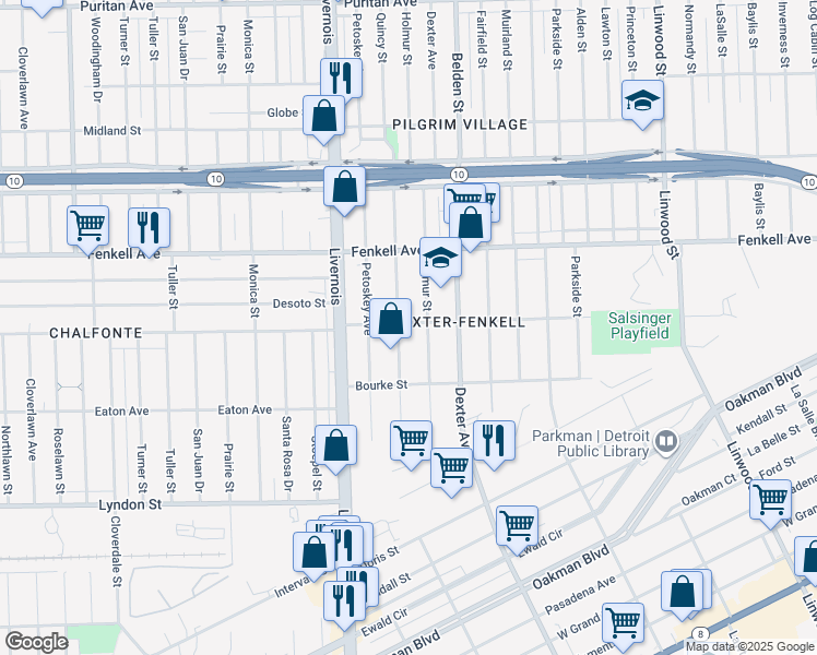 map of restaurants, bars, coffee shops, grocery stores, and more near 14914 Quincy Street in Detroit