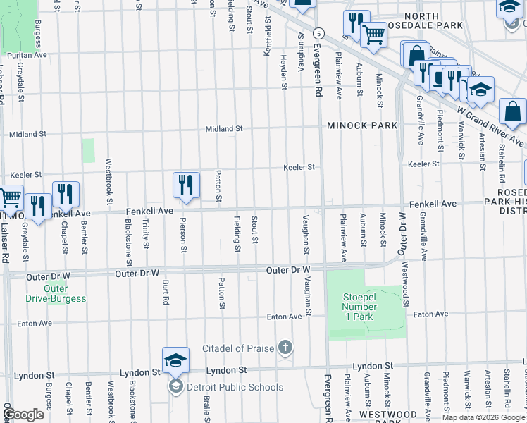 map of restaurants, bars, coffee shops, grocery stores, and more near 20323 Fenkell Avenue in Detroit