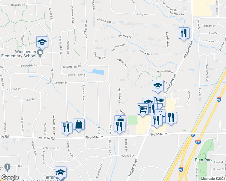 map of restaurants, bars, coffee shops, grocery stores, and more near 15880 Park Lane in Plymouth