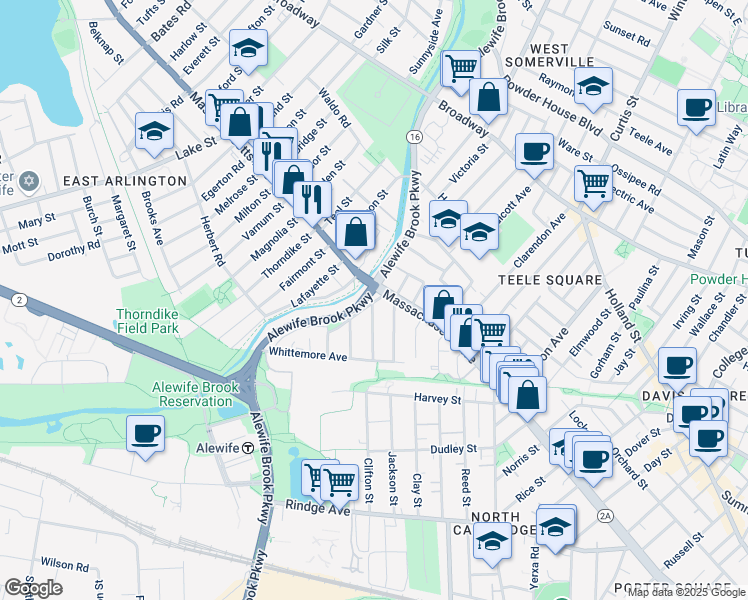 map of restaurants, bars, coffee shops, grocery stores, and more near 25 Columbus Avenue in Cambridge