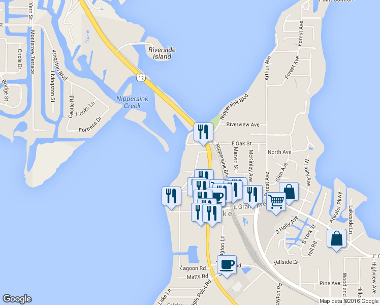 map of restaurants, bars, coffee shops, grocery stores, and more near 50 North Pistakee Lake Road in Fox Lake