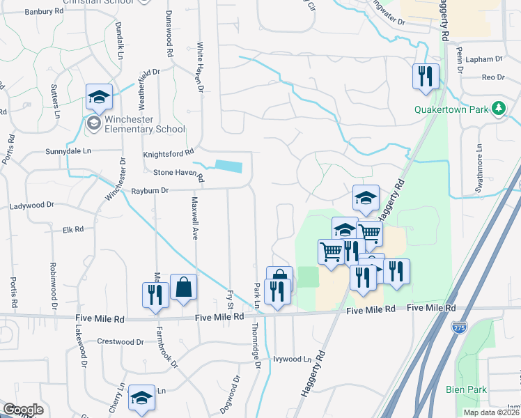 map of restaurants, bars, coffee shops, grocery stores, and more near 15880 Park Lane in Plymouth