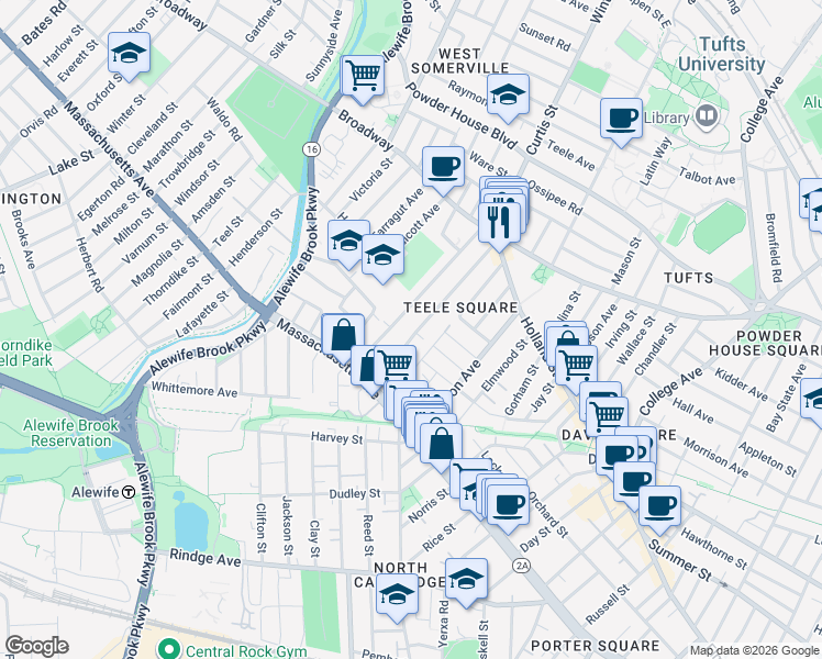 map of restaurants, bars, coffee shops, grocery stores, and more near 82 Newbury Street in Somerville