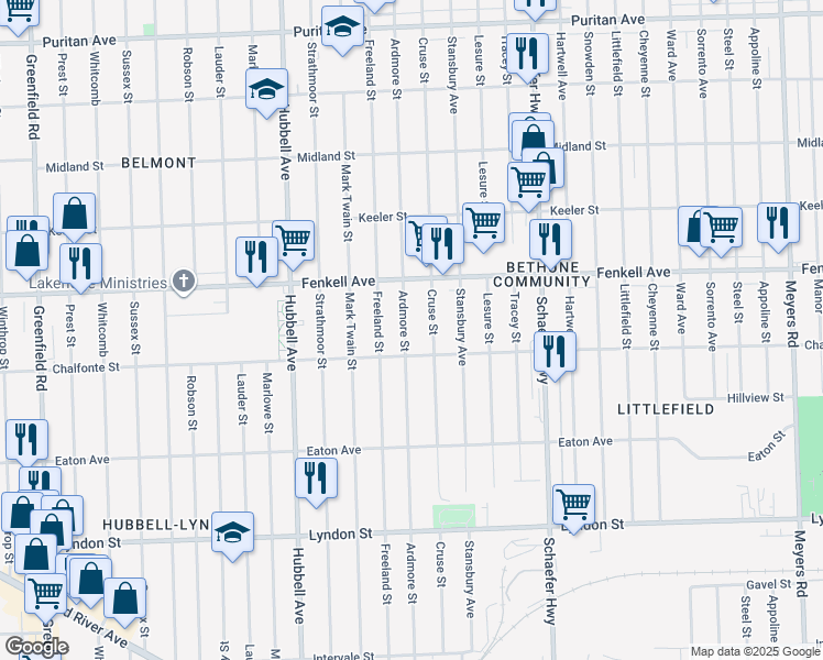 map of restaurants, bars, coffee shops, grocery stores, and more near 15046 Ardmore Street in Detroit