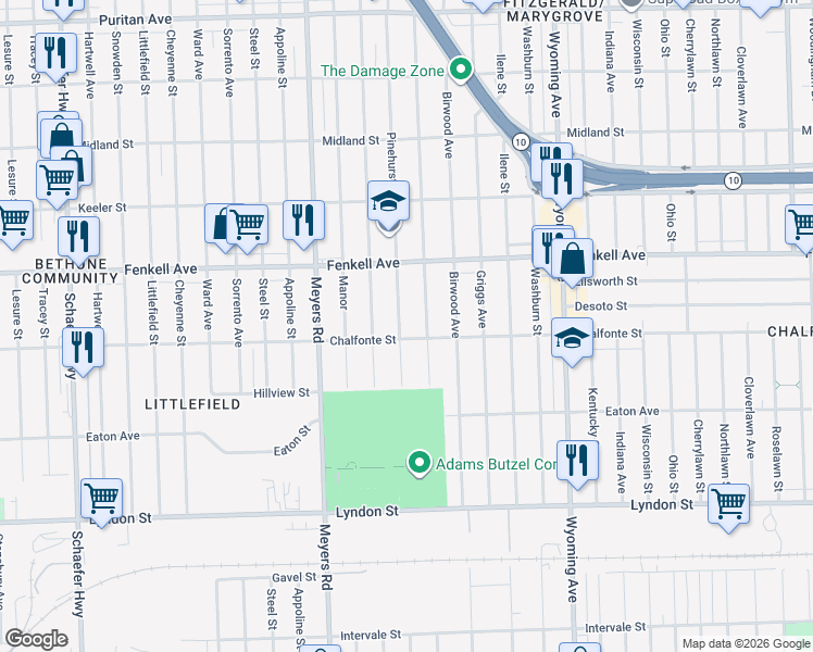 map of restaurants, bars, coffee shops, grocery stores, and more near 15018 Pinehurst Street in Detroit