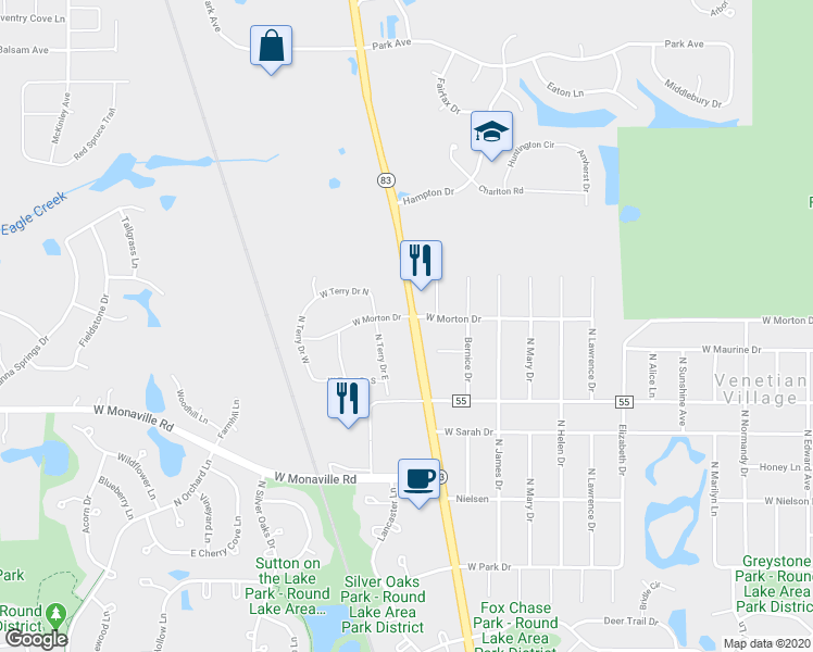 map of restaurants, bars, coffee shops, grocery stores, and more near 22195 West Morton Drive in Lake Villa