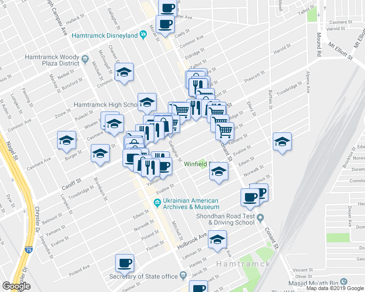 map of restaurants, bars, coffee shops, grocery stores, and more near 3150 Trowbridge Street in Hamtramck