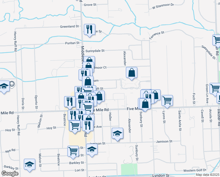 map of restaurants, bars, coffee shops, grocery stores, and more near 29146 Roycroft in Livonia