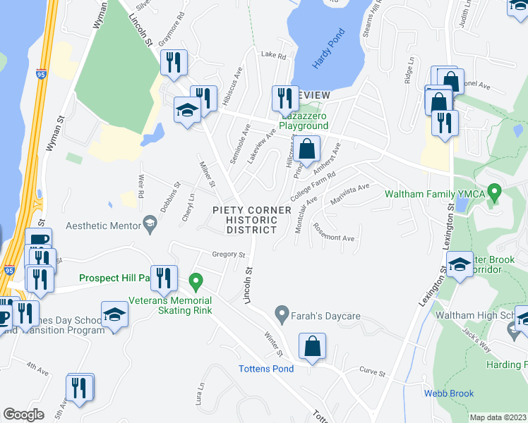 map of restaurants, bars, coffee shops, grocery stores, and more near 301 College Farm Road in Waltham