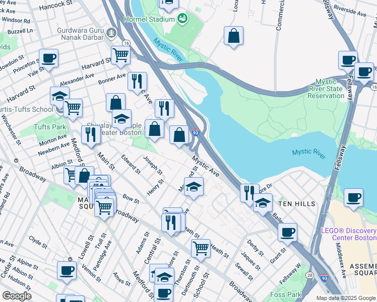 map of restaurants, bars, coffee shops, grocery stores, and more near 423 Mystic Avenue in Medford
